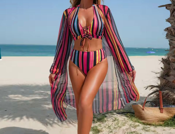 Women Sexy Multicolored Striped Bikini Cover Up Set