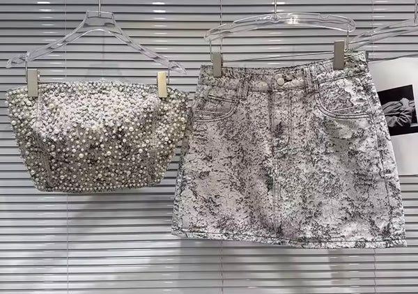 Women Pearl Strapless Floral Denim Two Piece Skirt Set