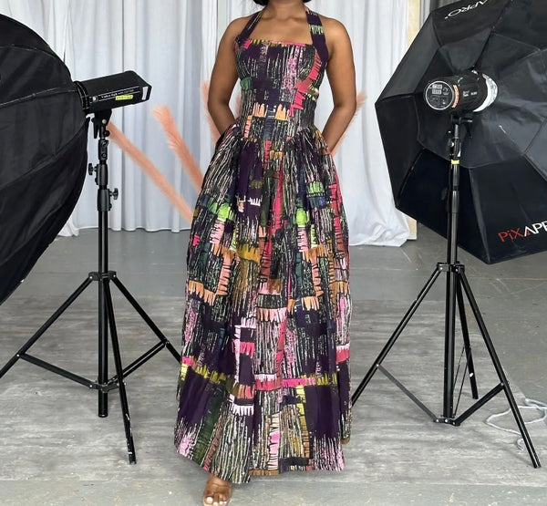 Women Sexy Multicolored Print Halter Sleeveless Maxi Dress