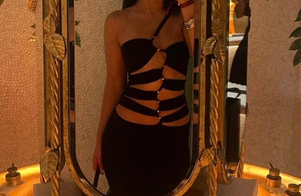 Women Black Sexy One Shoulder Sleeveless Cut Out Maxi Dress