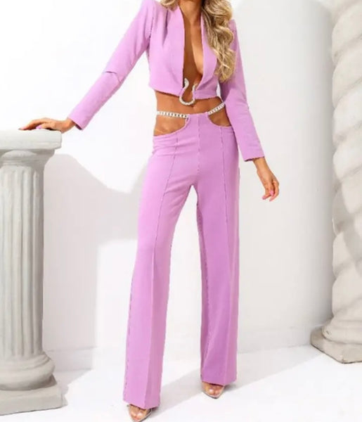 Women Sexy Metal Chain Crop Blazer Two Piece Pant Set