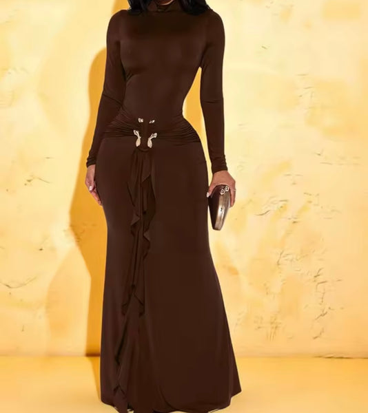 Women Sexy Metal Ruched Full Sleeve Maxi Dress