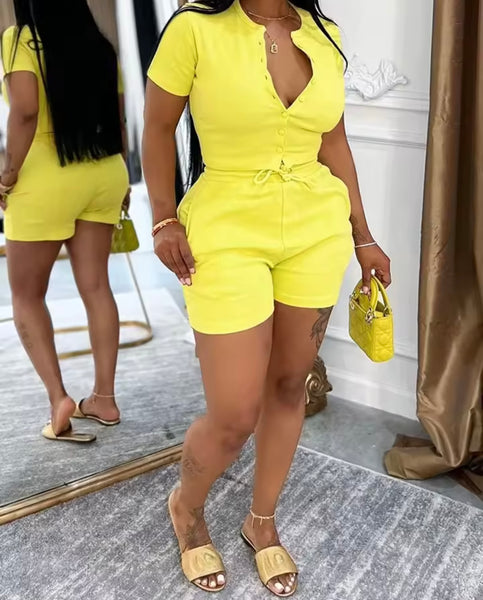 Women Fashion Button Up Short Sleeve Two Piece Short Set