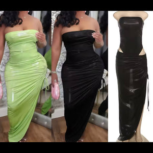 Women Sexy Strapless PU Color Bodysuit Two Piece Maxi Skirt Set