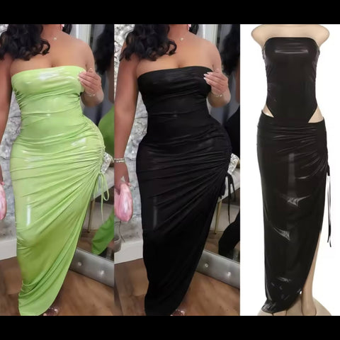 Women Sexy Strapless PU Color Bodysuit Two Piece Maxi Skirt Set