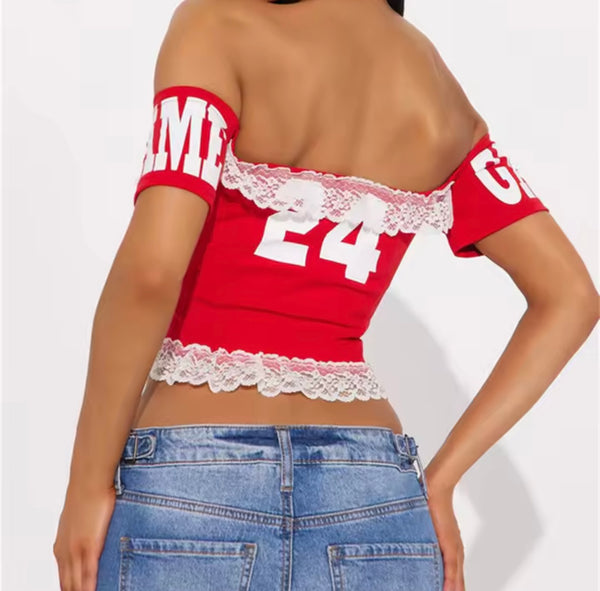 Women Off The Shoulder Short Sleeve Number Lace Tie Up Crop Top