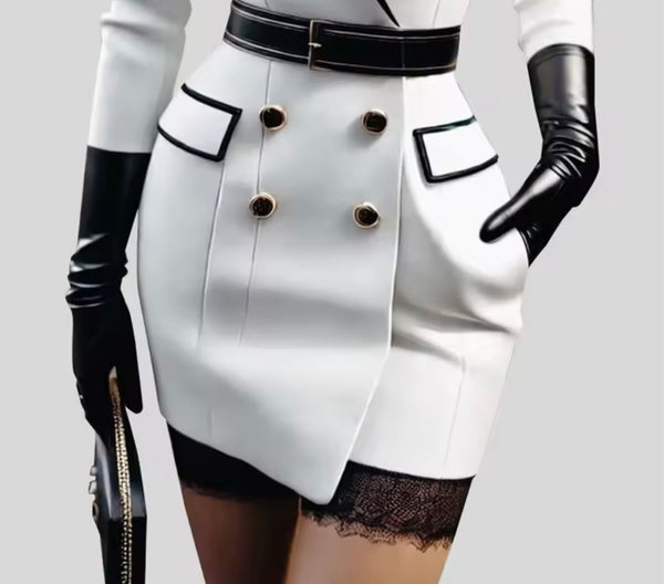 Women Fashion Faux Leather B&W Button Pocket Dress
