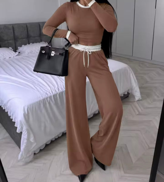 Women Fashion Color Patchwork Drawstring Two Piece Pant Set
