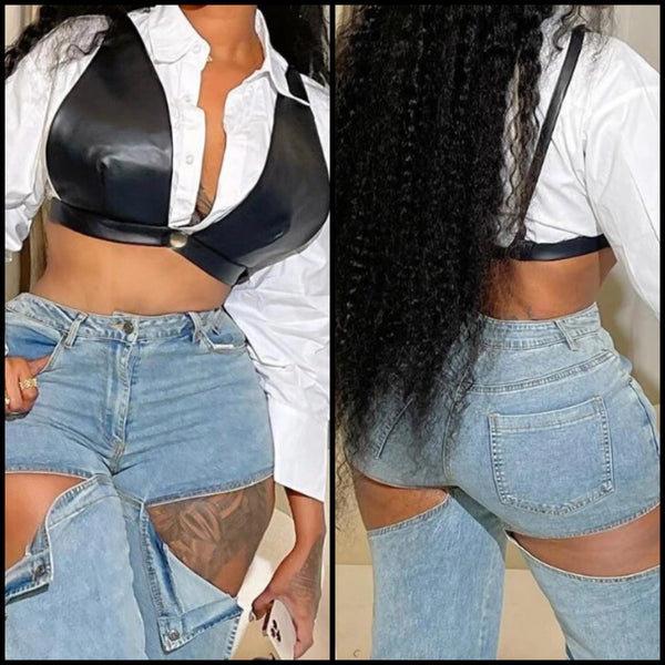 Women B&W Fashion Full Sleeve Faux Leather Two Piece Top Set