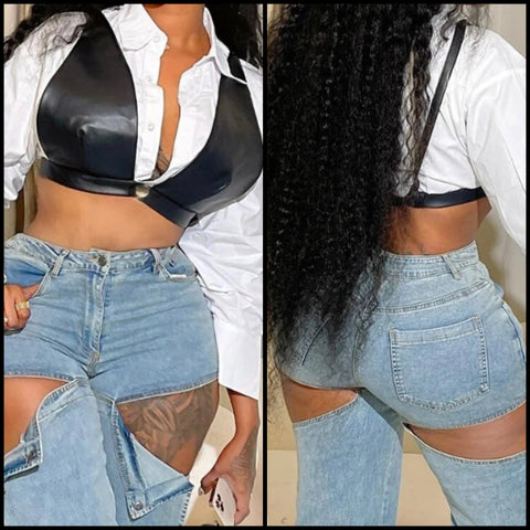 Women B&W Fashion Full Sleeve Faux Leather Two Piece Top Set