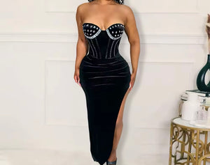 Women Sexy Strapless Bling Velour Side Split Maxi Dress