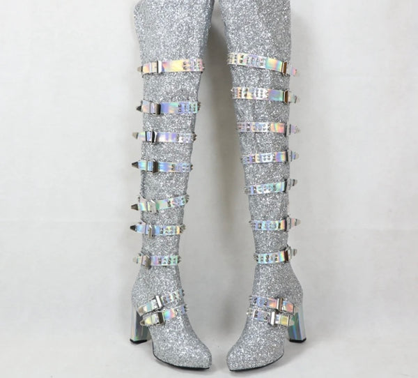 Women Silver Fashion Buckled Over The Knee Boots