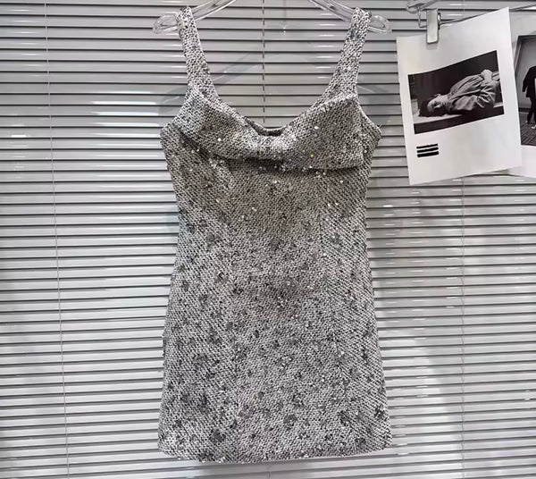 Women Sleeveless Tweed Sequins Bow Fashion Dress