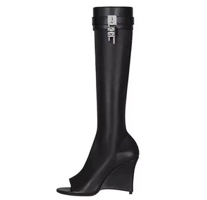 Women Open Toe Buckled Lock Faux Leather Knee High Boots