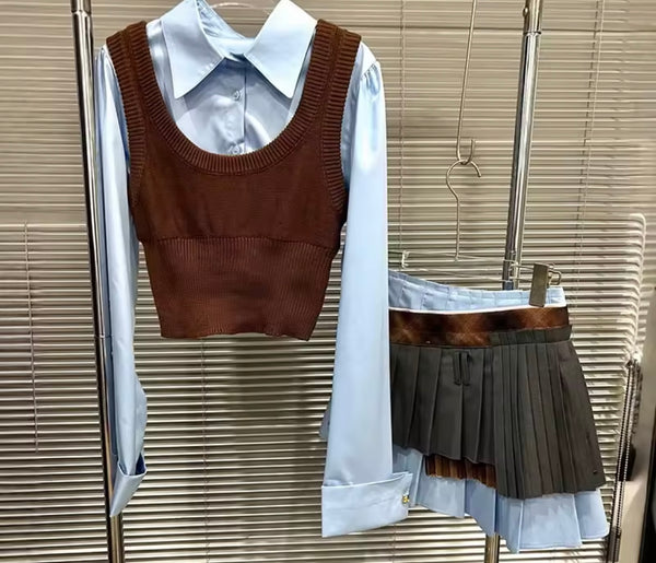 Women Button Up Full Sleeve Sweater Vest Three Piece Skirt Set
