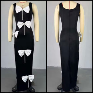 Women Sexy Sleeveless B&W Bow Bling Tassel Maxi Dress