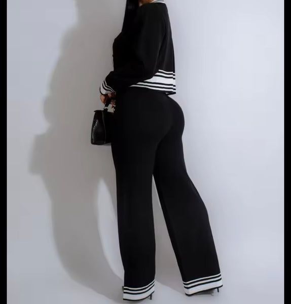 Women Fashion Color Patchwork Full Sleeve Three Piece Pant Set