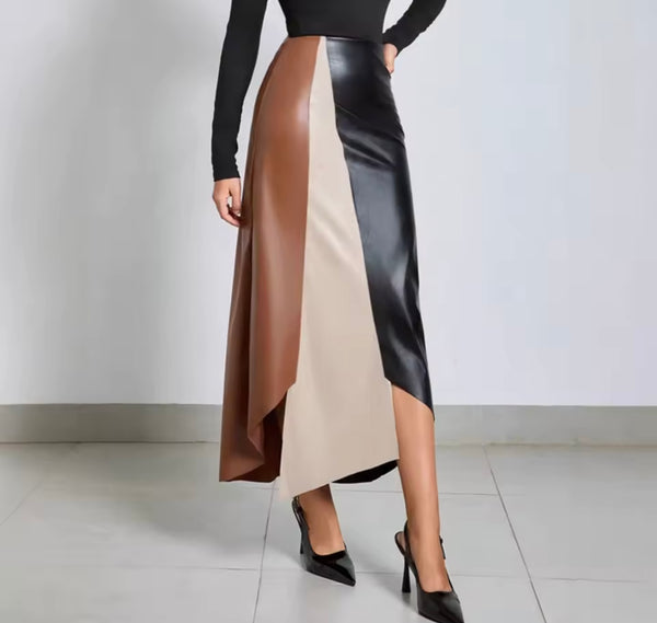 Women Fashion Color Patchwork Faux Leather Maxi Skirt