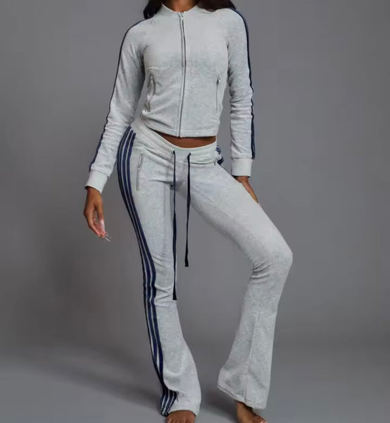 Women Fashion Velour Striped Zip Up Tracksuit Two Piece Pant Set