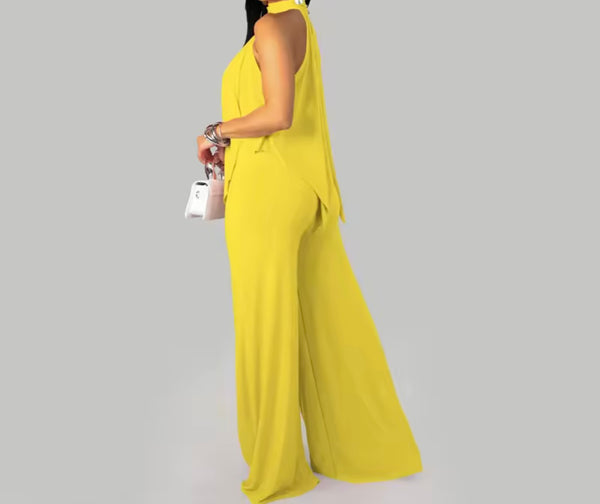 Women Halter Sleeveless Asymmetrical Top Two Piece Pant Set