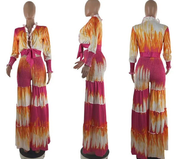 Women Fashion Full Sleeve Colorful Two Piece Wide Leg Pant Set