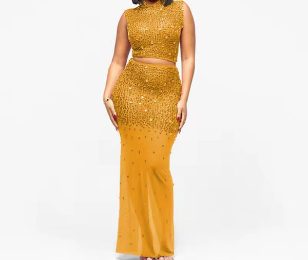 Women Sexy Color Sleeveless Crystal Mesh Two Piece Maxi Skirt Set