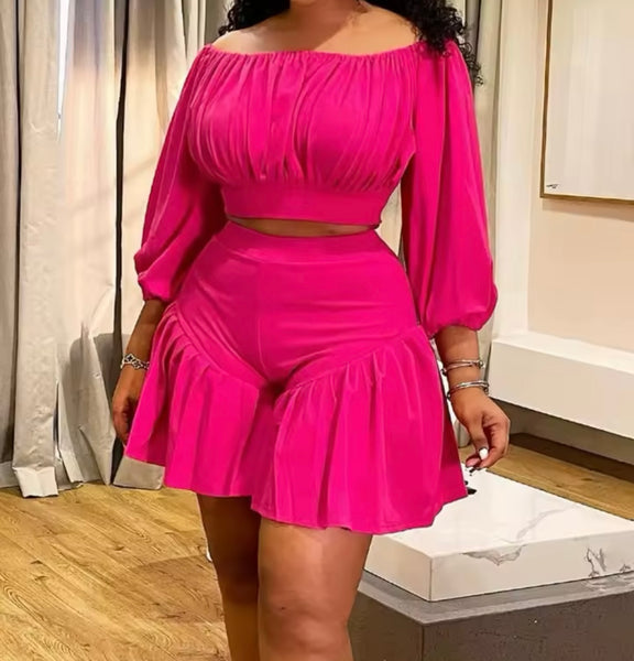 Women Solid Color Off The Shoulder Two Piece Short Set