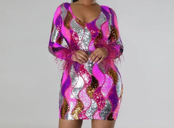 Women Sexy Feather Full Sleeve Colorful Sequins Dress