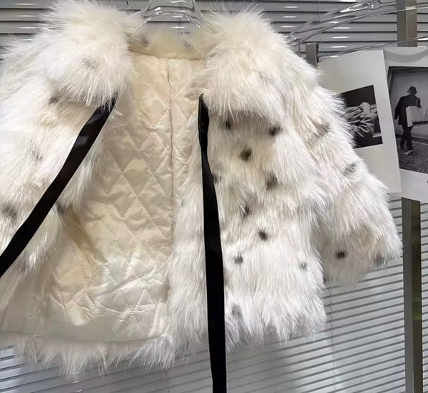 Women Fashion Polka Dot Tie Up Faux Fur Crop Jacket