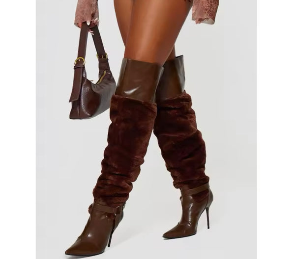 Women Fashion Brown Faux Leather Fur Patchwork Knee High Boots