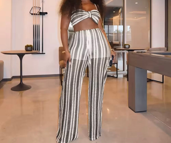 Women Sexy Sleeveless Knitted Striped Two Piece Pant Set