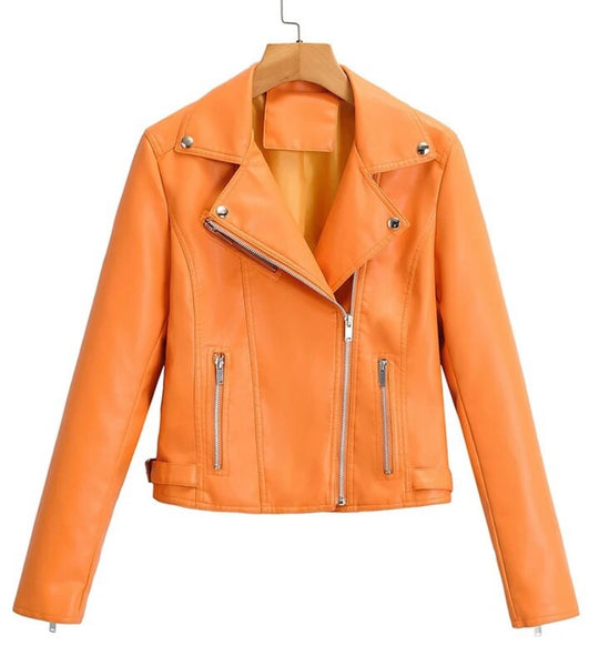 Women Fashion Zipper Color Faux Leather Jacket