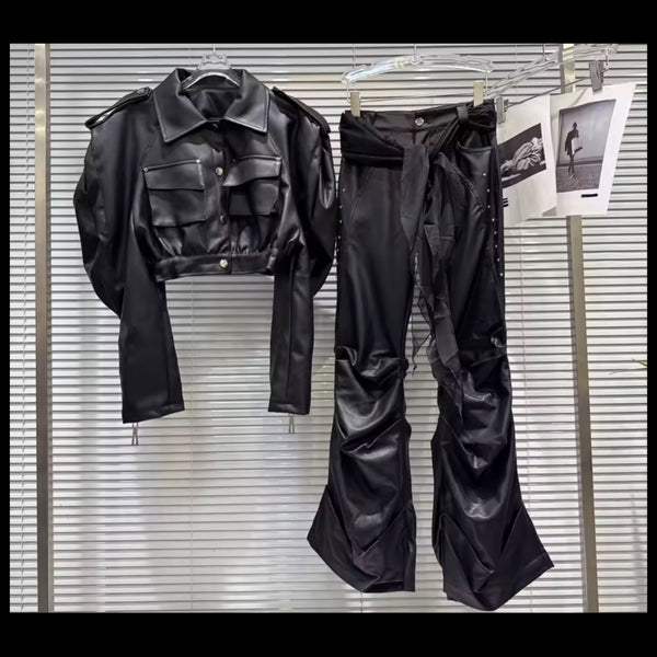 Women Fashion Black Rivet Jacket Two Piece Faux Leather Pant Set