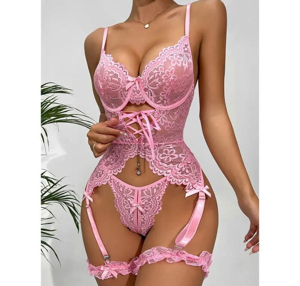 Women Sexy Solid Color Choker Lace Lingerie Set