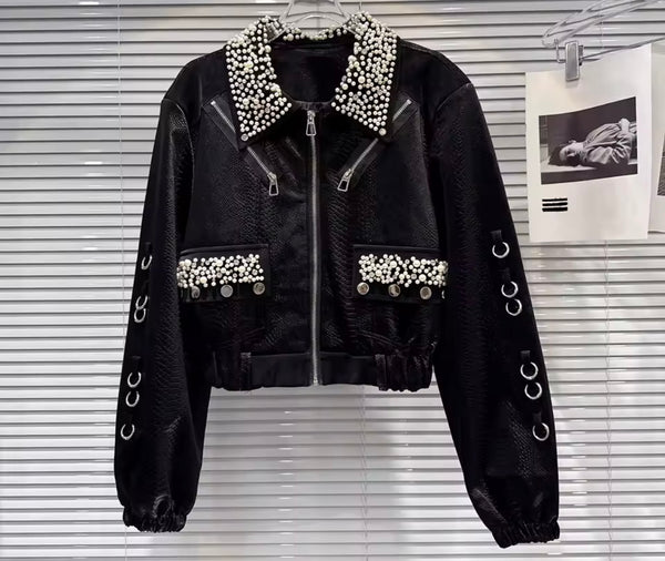 Women Black Pearl Metal Ring Fashion Faux Leather Jacket