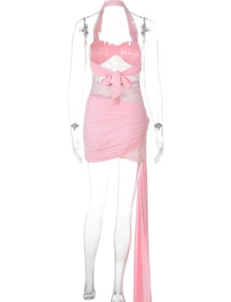 Women Sexy Halter Sleeveless Pink Lace Dress