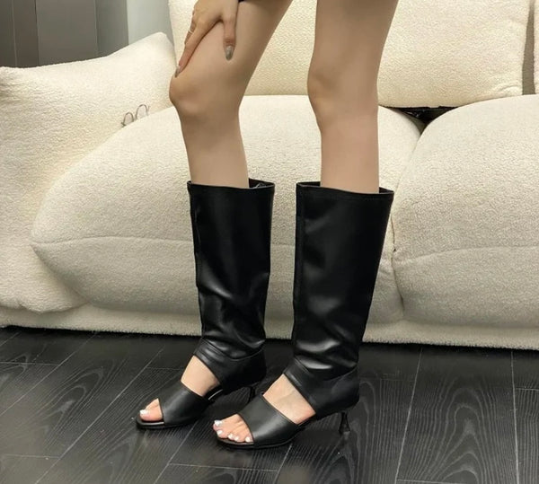 Women Open Toe Fashion Faux Leather Knee High Boots