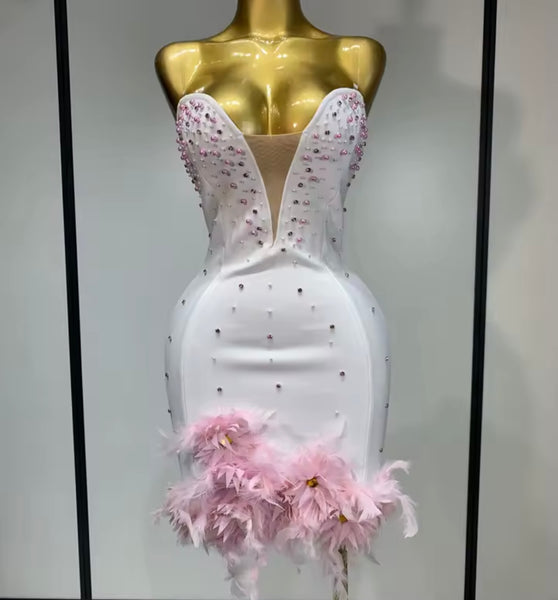 Women White Sexy Pink Feather Rhinestone Dress