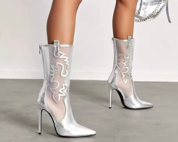 Women Fashion Silver Mesh High Heel Ankle Boots