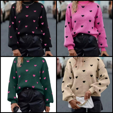Women Color Heart Print Fashion Sweater Top