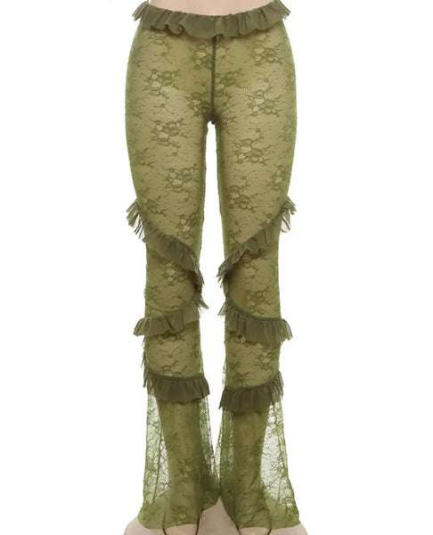 Women Green Sexy Fashion Ruffled Lace Pants