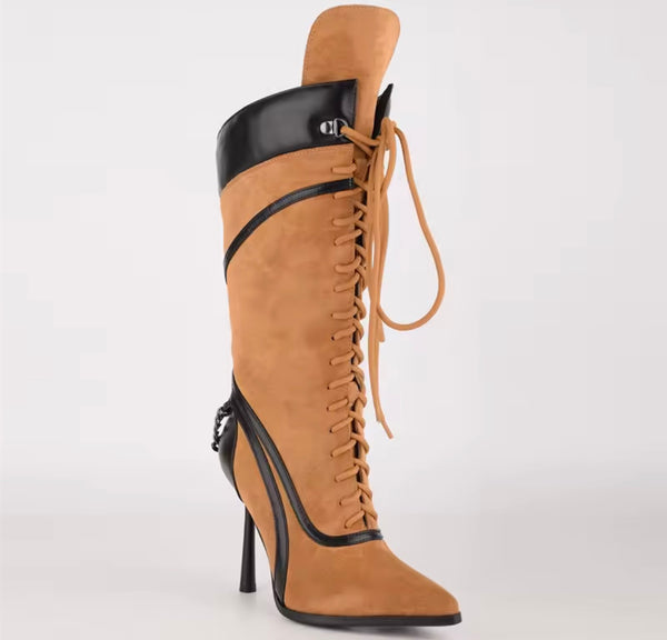 Women Suede Pointed Toe Tie Up Chain High Heel Boots