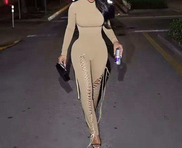 Women Color Full Sleeve Cut Out Tie Up Fashion Jumpsuit