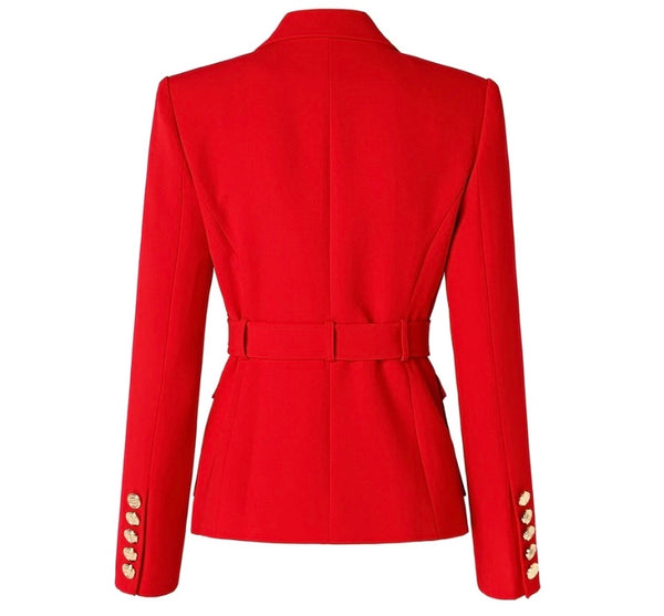Women Fashion Red Full Sleeve Belted Blazer Top