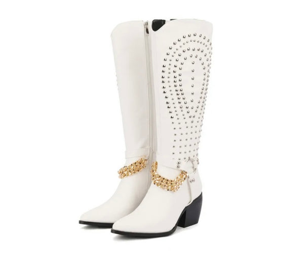 Women Fashion Rivet Gold Chain Knee High Western Boots
