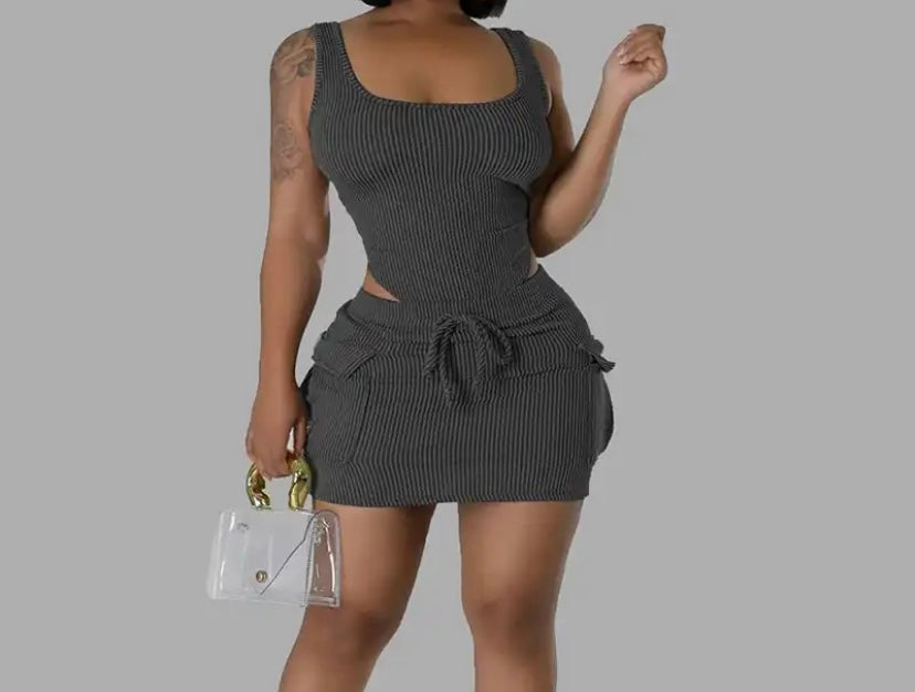 Women Sexy Sleeveless Ribbed Bodysuit Two Piece Skirt Set