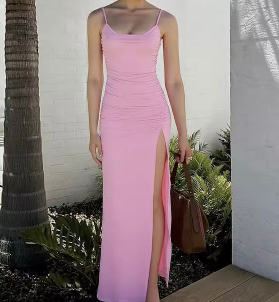 Women Pink Sleeveless Side Split Sexy Maxi Dress