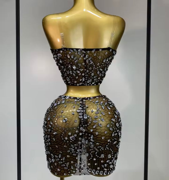 Women Sexy Strapless Mesh Rhinestone Two Piece Skirt Set