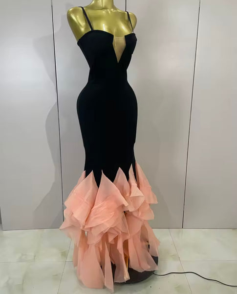 Women Sexy Sleeveless Black Color Ruffled Maxi Dress