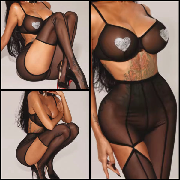 Women Sexy Bling Heart Black Mesh Three Piece Lingerie Set